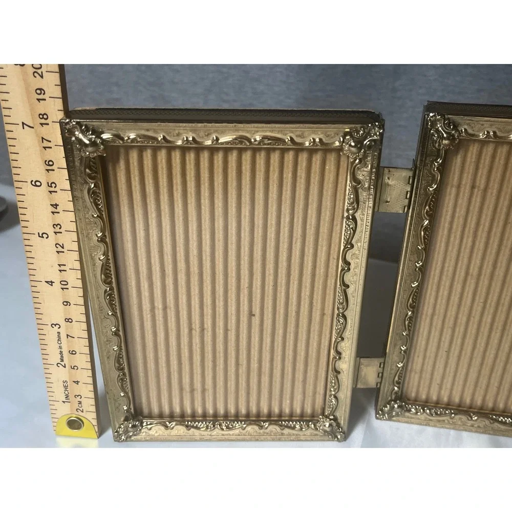 Vintage Gold Ornate Triple Folding Picture Frame Triptych Hinged Metal 5x7